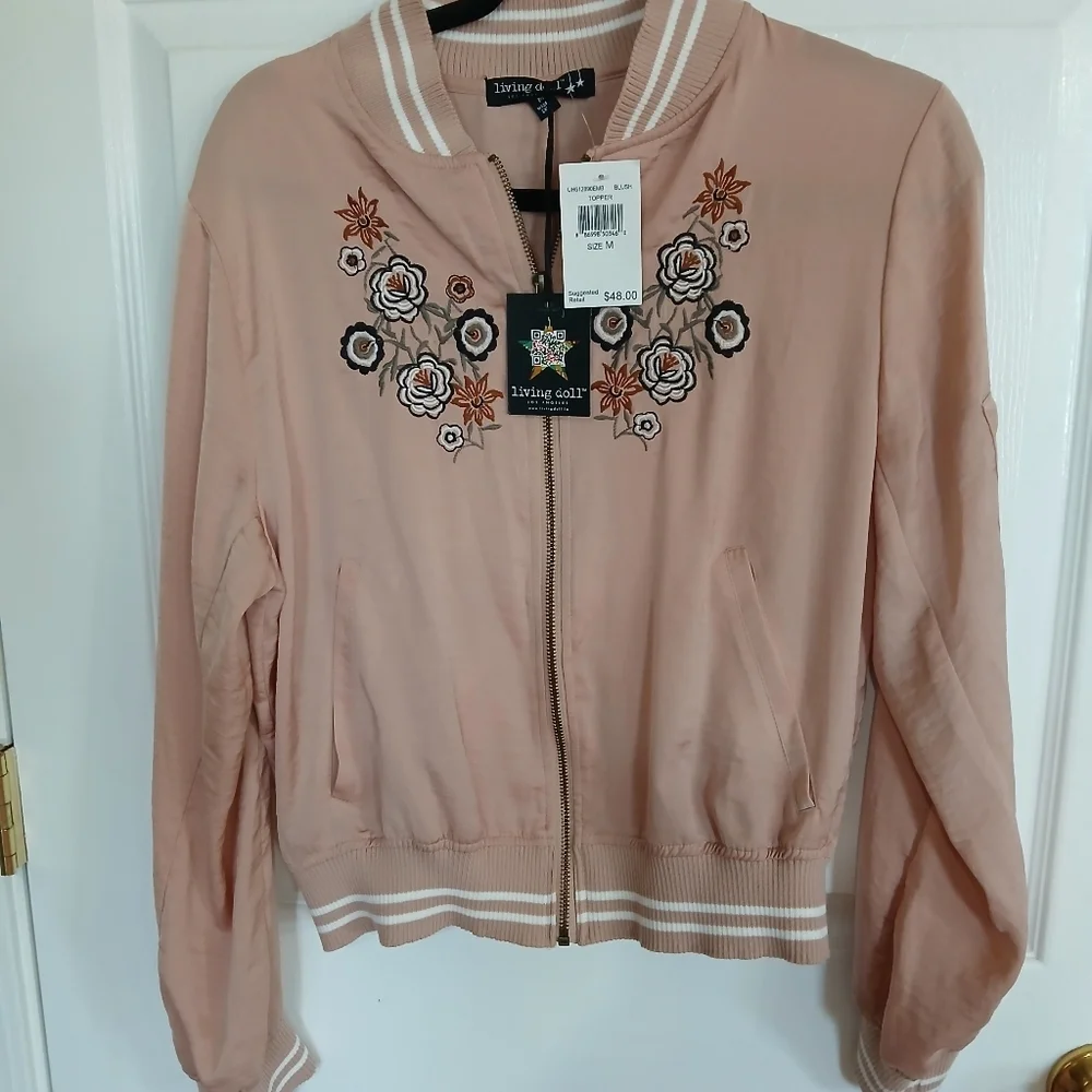 LIVING DOLL Pink Lightweight Bomber Jacket With‎ Floral Embroidery NWT size M